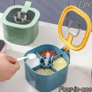Large 4-In-1 Spice Container with a Lid And Four Spoons - Made from High-Quality Materials, It Is Moisture-Proof, Easy to Clean, And Portable, Ideal for Organizing Seasonings in The Kitchen Or for Storing Spices During Outdoor Camping And Bbqs