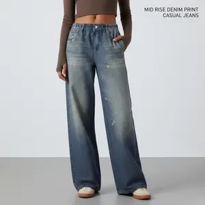 Mid Rise Denim Print Casual Jeans with Pockets