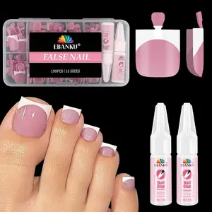 French Tip Press on Toenails Set, EBANKU 150PCS Berry Pink Sharp Square Toenail Press ons with Nail Glue& Nail Remover, Pre-Applied Primer & Base Coat, Acrylic False Toe Nails Extension, 15 Sizes