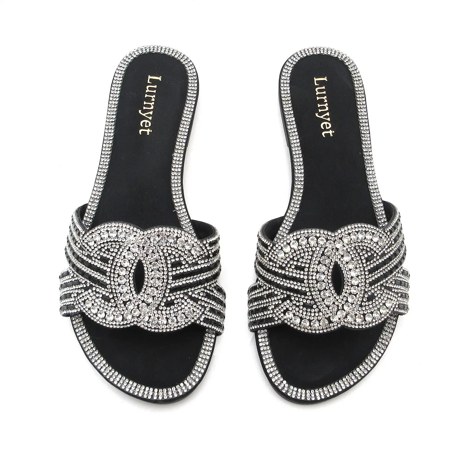 Women Ornate Rhinestone Pattern Slide Sandals, Decorative Crystal Cutout Flat Slip On Slippers, Trendy Open Toe Summer Fashion Footwear football sport soft cute luxury cozy breathable indoor thick bottom eva thick-sole non-slip slip-on slipper