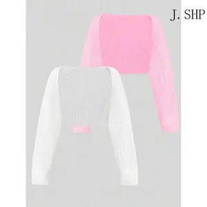 Women's Minimalist Textured Raglan Sleeve Shrug Set, Chic Open Front Sweater Cardigan, Back To School Cropped Cardigan