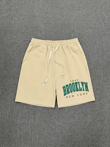 Men's "Brooklyn New York 1898" Varsity Shorts - Retro Arch "BROOKLYN" Print Beige Cotton Blend Shorts, Drawstring Waist Loose Fit, Breathable Summer Streetwear Casual Athletic Shorts for Beach Days