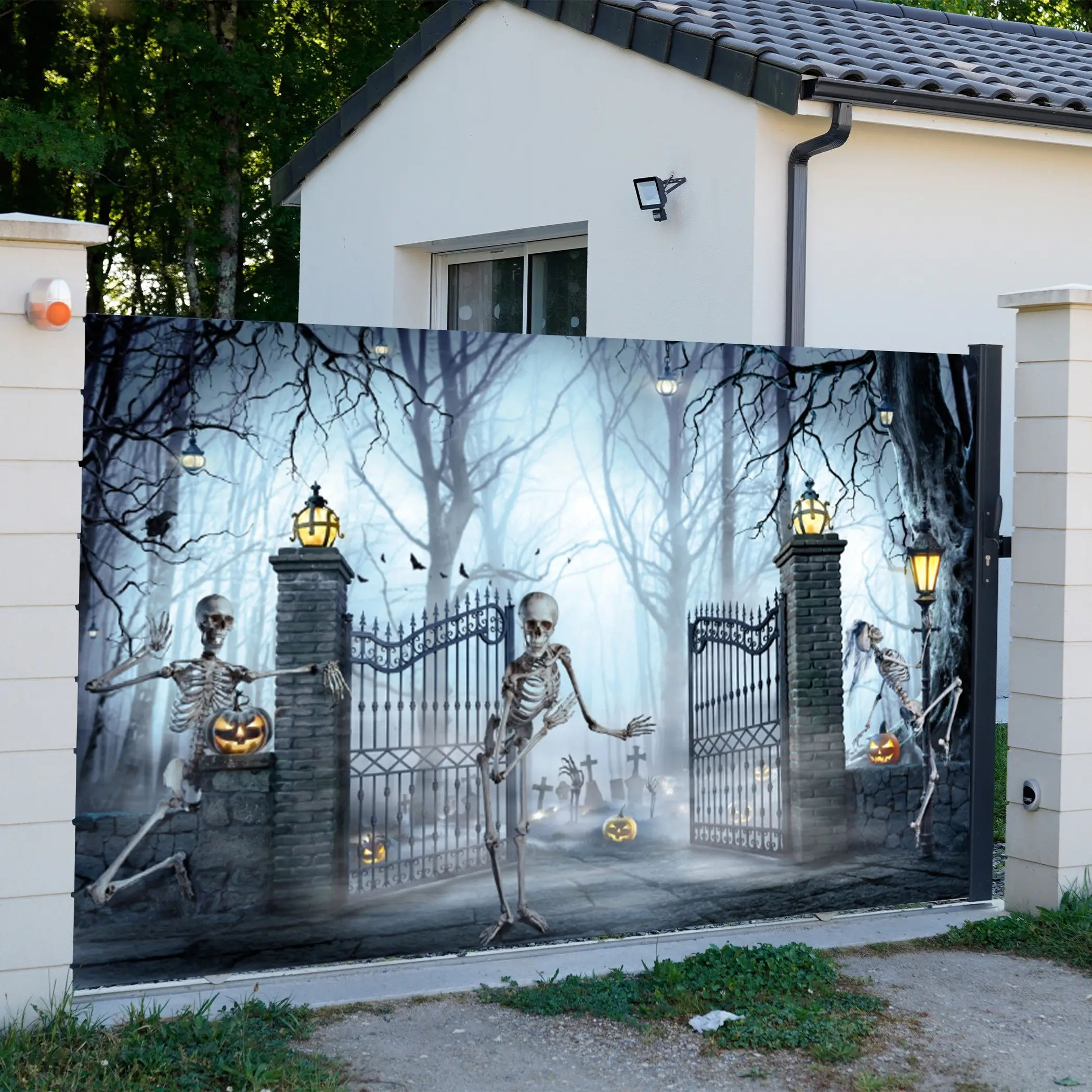 1 piece of Halloween skeleton hanging cloth, for outdoor garage door decoration, large size 18ft*9ft polyester printed canvas, suitable for holiday parties and daily decoration of villas and warehouses