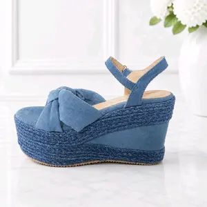 Jean Lulu Sandals - Blue Bow Detail Wedge Sandals for Women, Comfortable & Stylish Footwear