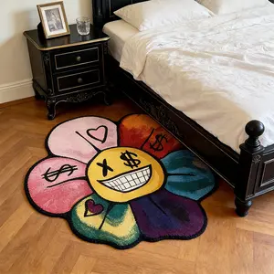 Irregular Rug Floral Smiley Design, American Vintage Fashion Home Decor Carpet, Soft Velvet Mat, Holiday Gift, Suitable for Living Room Bedroom
