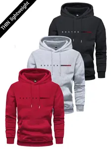 Autumn And Winter Thin Three-Piece Set Men'S Street Fashion Hooded Jacket American Niche Trendy Letter Print Comfortable Stretch Fabric Long Sleeve Pullover Unique Design Solid Color Hoodie Sports Jacket With Hood Drawstring Design And Kangaroo Pocket Sui