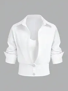Women's Solid Color Faux Two-Piece Button Pleated Elegant Fashion Long Sleeve Shirt Blouse, Commuter Essential, Office Wear