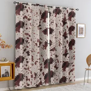 2 panels Cowhide Print Blackout Privacy Grommet Curtains, Light Brown Cow Spots Pattern Thermal Insulated Window Drapes for Bedroom Living Room, Western Farmhouse Rustic Home Decor