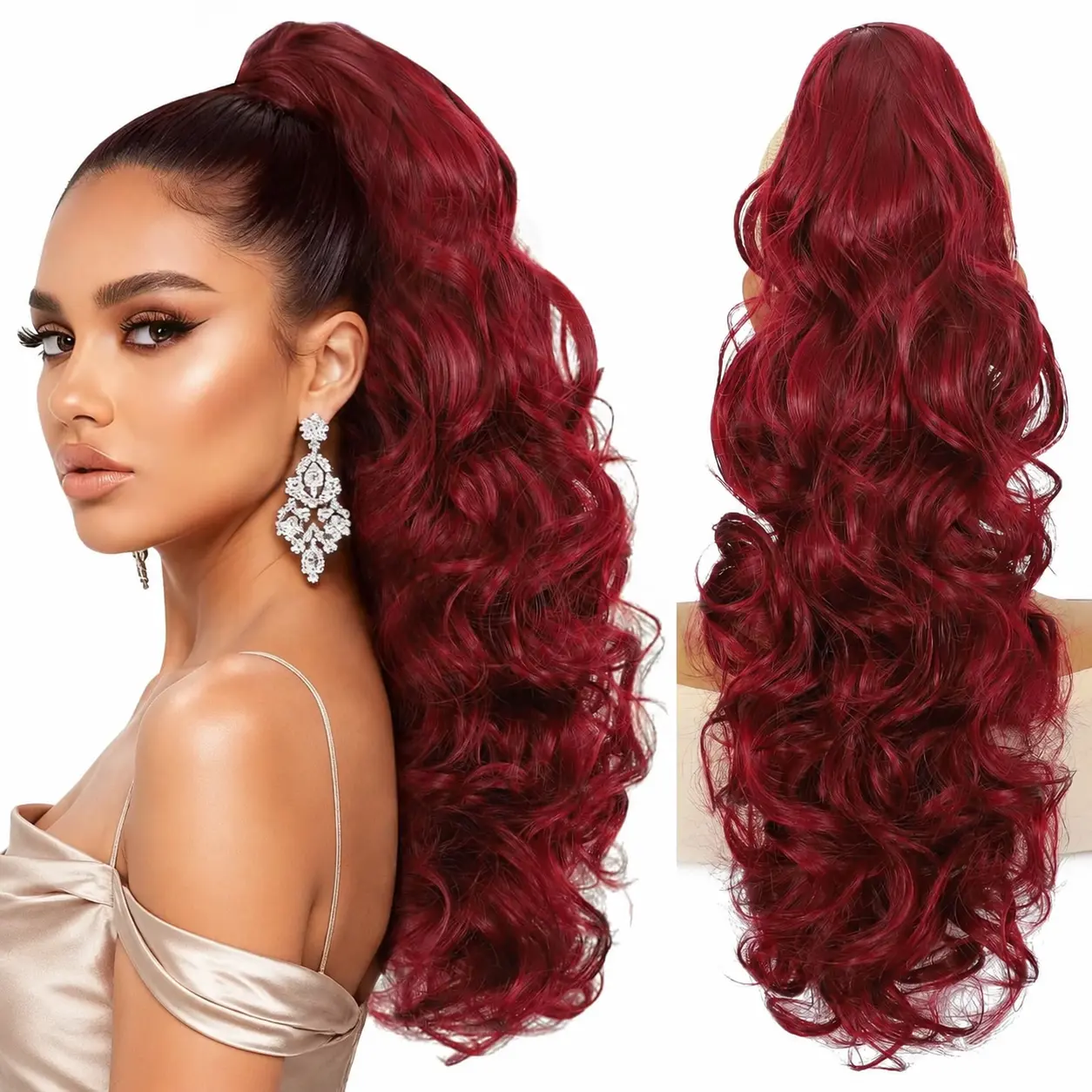 Claw Clip Wine Red Ponytail Extension for Women Long Curly Wavy Pony Tails Hair Extensions Fluffy Natural Looking 24 Inch hair extensions glueless ponytail for Daily Use