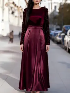 Velvet Sequined Long Sleeve Dress, Luxurious Rhinestone Square Neck Gown, Evening Party Award Ceremony Dance Wedding Elegant Formal Business Cocktail Formal Wear