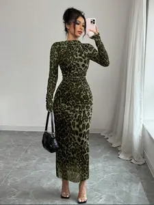 Women's Elegant Leopard Print Mesh Ruched Long Sleeve Tight Dress, Stylish Summer Fashion, Perfect for Parties and Casual Wear