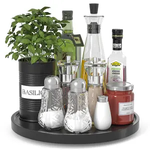 Lazy Susan Organizer for Table Cabinet, 12" Bamboo Kitchen Countertop Organizer for Salt Olive Oil and Pepper Counter Sink Trays Wooden Turntable for Spice Soap Bottles Dining Room Decor Black