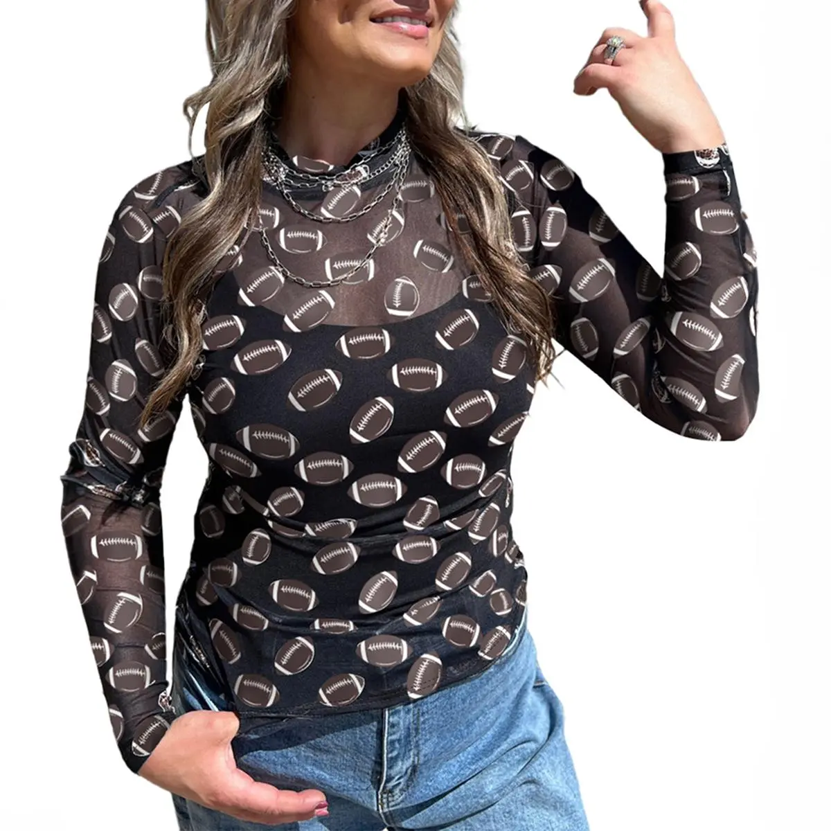 Znacicc Women's Sporty Athletic Football/Baseball/Softball Long Sleeve Mock Neck Top Breathable Stretchy See Through Mesh with Sheer Ball Prints Gym Sweatwear Workout Shirt