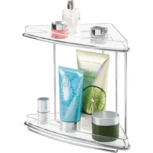 Steel/Plastic Freestanding Countertop Corner Shelf Organizer with 2-Tier Storage for Bathroom, , Cabinet, Counter - Holds Makeup, Bath Gel - Prism Collection - Clear