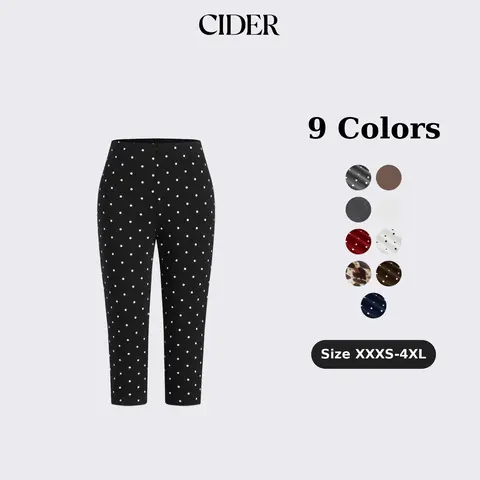 Cider Women's High-Waisted Polka Dot Capri Pants for Women - Cotton Knit Elastane Mid-Rise High-Stretch Fitted Casual Cropped Bottoms with Retro Cheerful Vibe