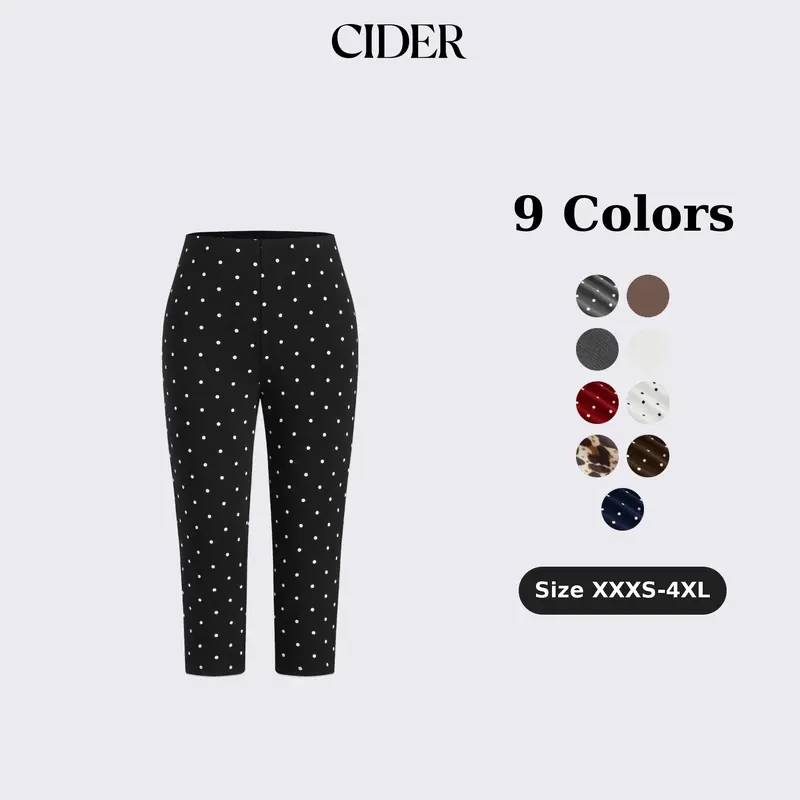 Cider Women's High-Waisted Polka Dot Capri Pants for Women - Cotton Knit Elastane Mid-Rise High-Stretch Fitted Casual Cropped Bottoms with Retro Cheerful Vibe