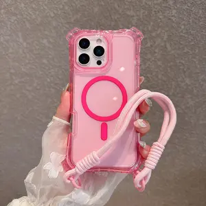 Curved MagSafe Transparent iPhone Casing - 3-in-1 Shockproof Smartphone Accessory with 4-Corner Anti-Fall Handheld Strap, Simple Design for iPhone 13-17 Pro Max Plus, Halloween-Friendly Cellphone Cover for Girls