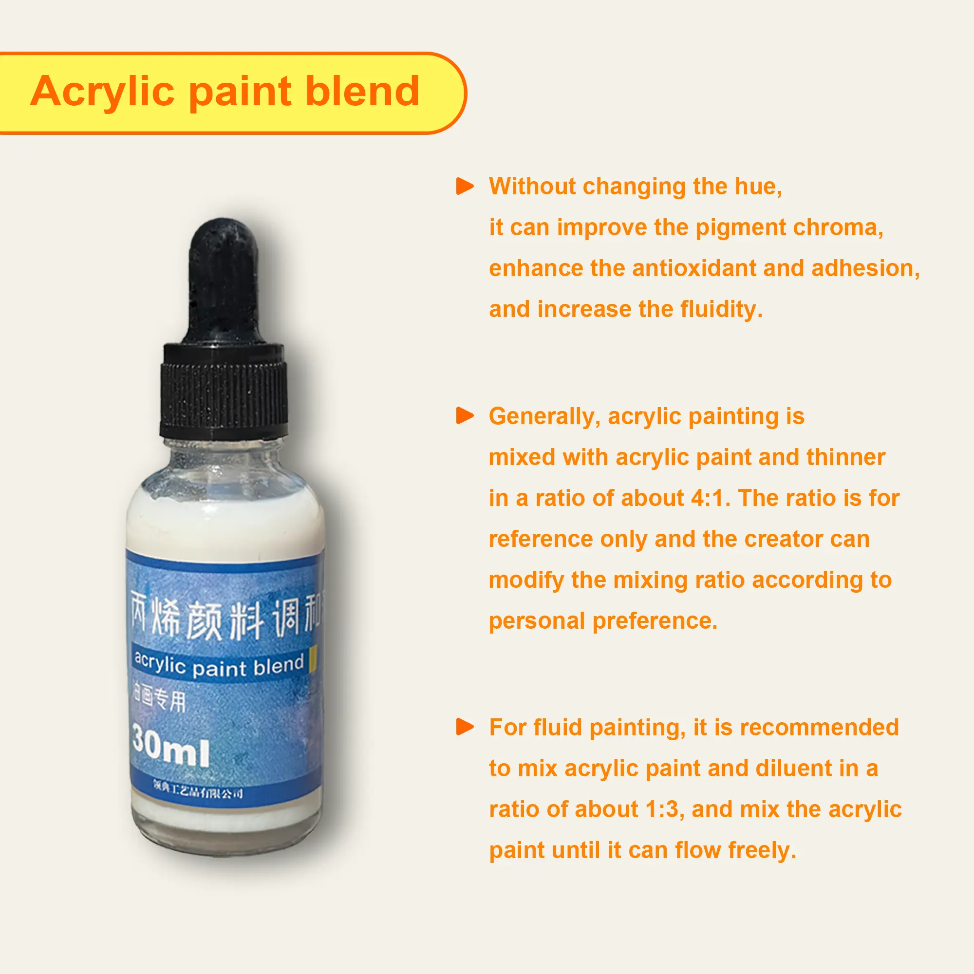 Acrylic Paint Mixture (30/100ml) - 1 Bottle Arts Crafts Supplies, Blendable Color, Increases Fluidity for Wet Painting, Ideal for Beginners and Experienced Artists’ Creative Projects