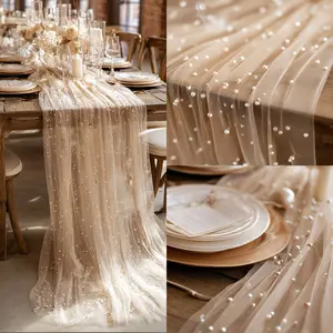 This elegant champagne-colored pearl tulle table runner is perfect for romantic weddings, holiday parties, and decorating tables, arches, chair backs, and bridal veils. Ideal for Valentine's Day and spring outdoor weddings.