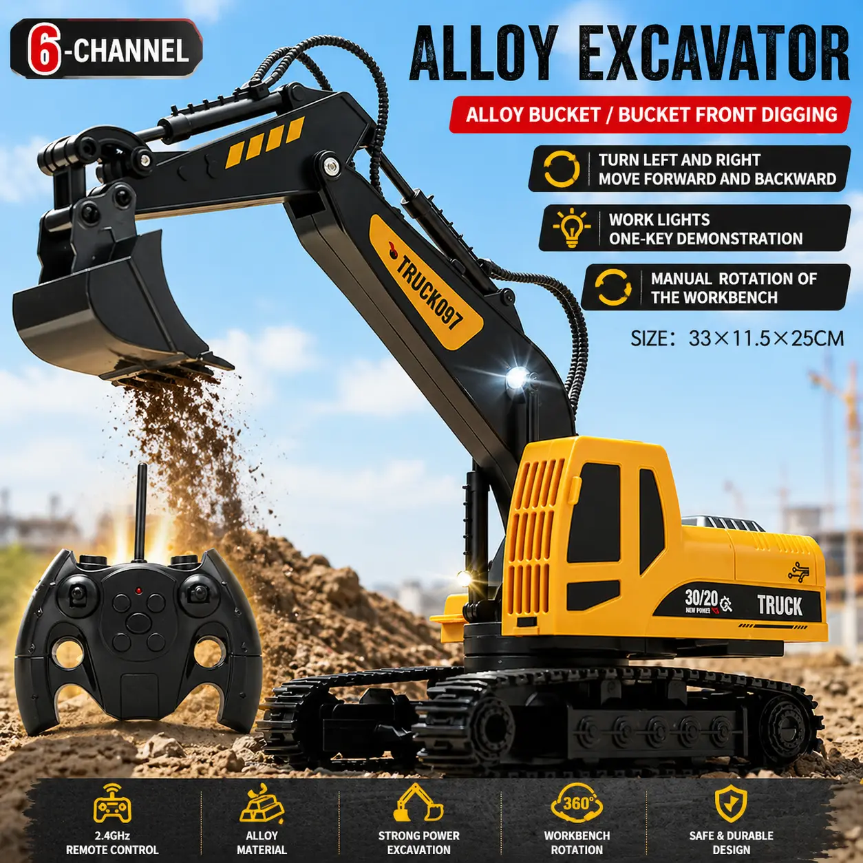 RC Excavator Toy for Kids, 6 Channel Remote Control Digger with Alloy Bucket, Realistic Construction Vehicle Toy for Boys Girls