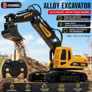 RC Excavator Toy for Kids, 6 Channel Remote Control Digger with Alloy Bucket, Realistic Construction Vehicle Toy for Boys Girls