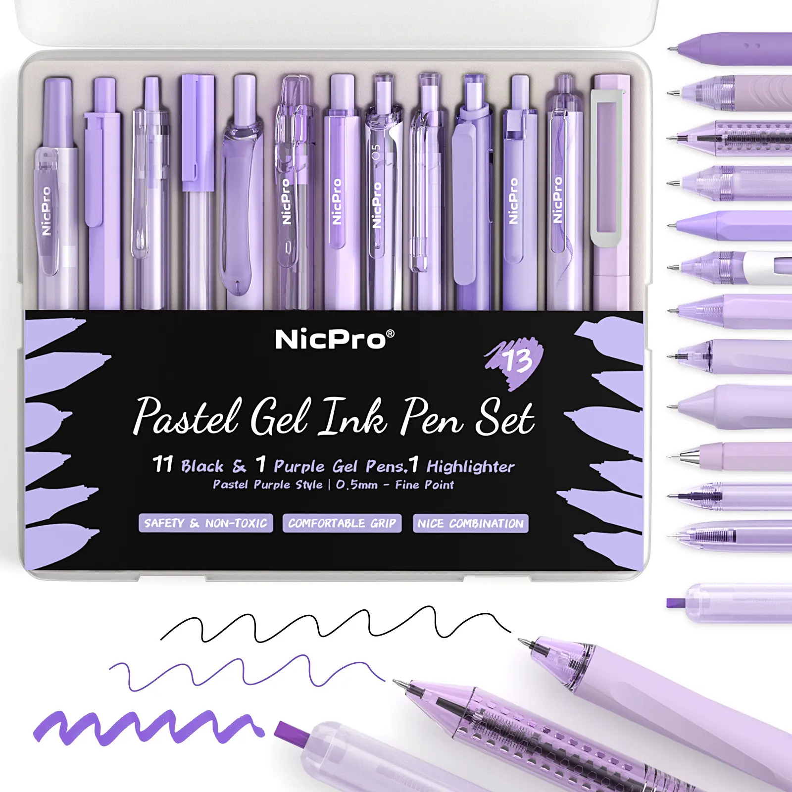 Nicpro 13Pack Pastel Gel Ink Pen Set with Case, Cute Retractable 0.5mm Fine Point Pen, 12 Pink Pens Black Ink with 1 Highlighter, Aesthetic Pens for Student Note Taking,Writing,Office Supplies
