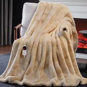 Guohaoi Heated Blanket Electric Throw, Soft Faux Rabbit Fur Electric Blanket with 10 Heating Levels 5 Sitting Timer Auto Off, Cozy Warm Heating Blankets, Machine Washable(50"×60" Beige)