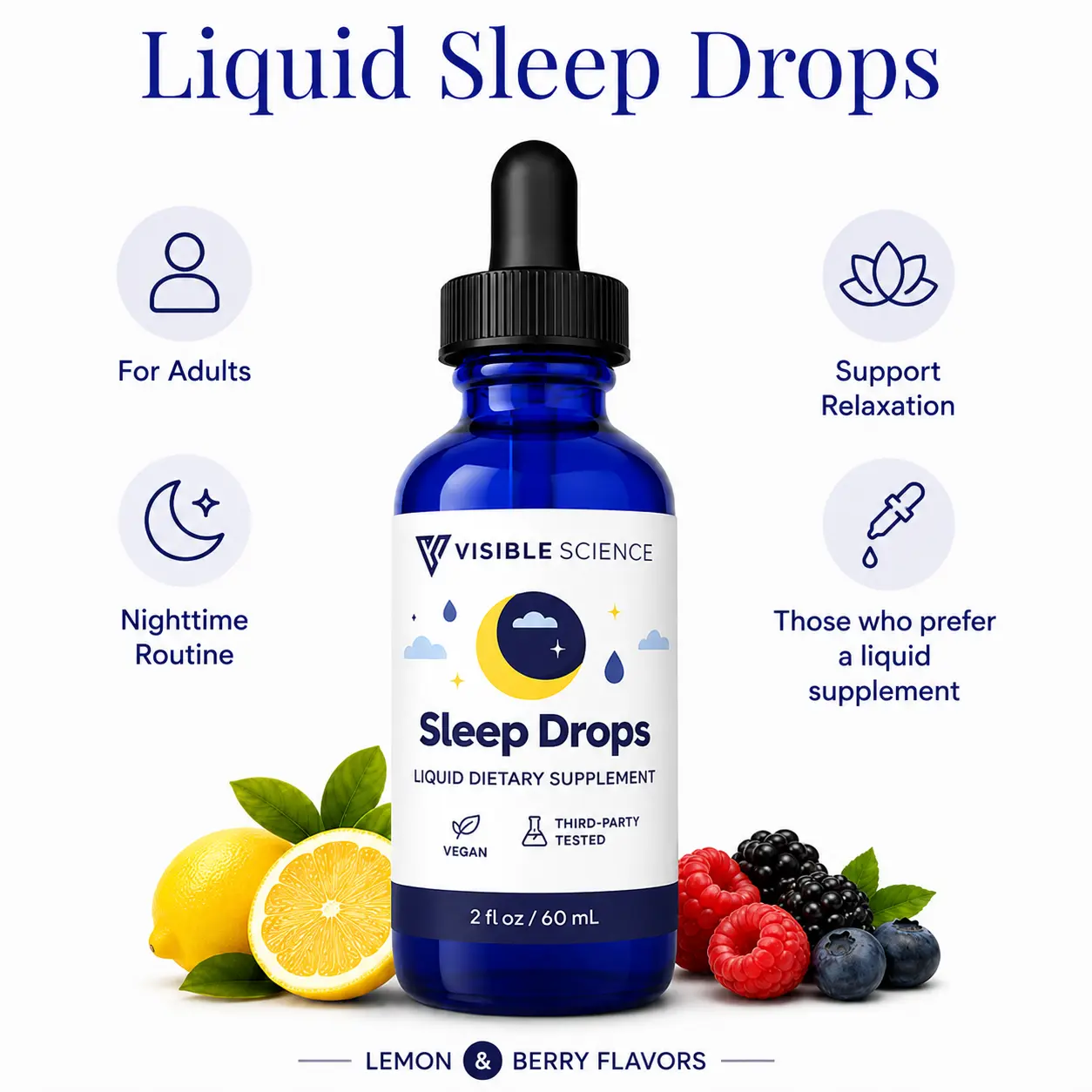Visible Science Sleep Drops for Restful Sleep Support | Magnesium & Valerian Root Liquid Supplement | Berry Flavor | 2 fl oz | Easy-to-Take Easy Consumption Lab Tested