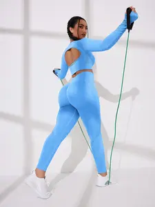 Two-Piece Set Women's Solid Cut Out Backless Raglan Sleeve Crop Top & High Waist Leggings Tracksuit Set, Sporty Breathable Comfy Outfits for Yoga Gym Workout Running, Ladies Spring & Fall Sportswear