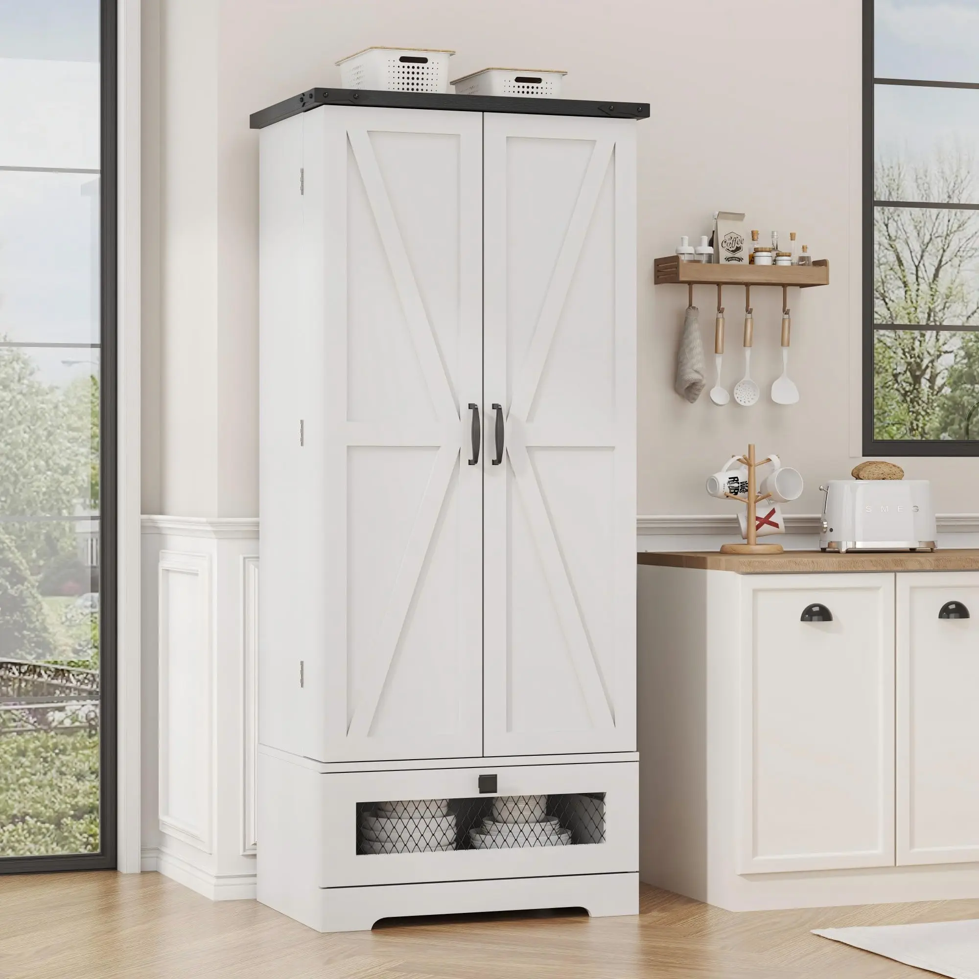 55'' Modern Kitchen Cabinet - Floor-Mounted Tall Cupboard, Compartment Floor Cabinet with Adjustable Shelves, Drawer, Double Door Sideboard for Kitchen, Living Room, Modern Kitchen Cabinets, Compartment Floor Cabinets