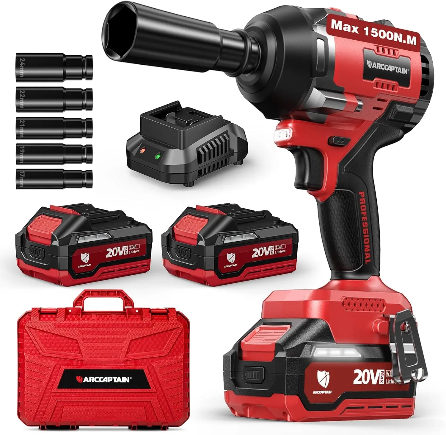 ARCCAPTAIN Cordless Impact Wrench, 1500N.m (1000Ft-lbs) 1/2" High Torque Impact Gun, 15C High-Rate 2x4.0Ah Batteries, 20V Power Impact Driver, Supports Up to 40mm Socket for Heavy Truck/Car/Pickup, Best Gift Idea for Dad & Men toolupgrade