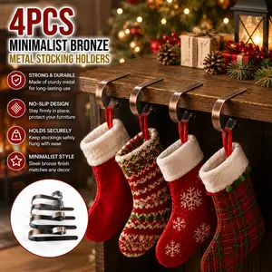4-Pack Minimalist Bronze Metal No-Slip Christmas Stocking Holders - Lightweight, Adjustable, Tool-Free Hangers for Mantel, Home Decor Ornaments, Gift, Home Organiser