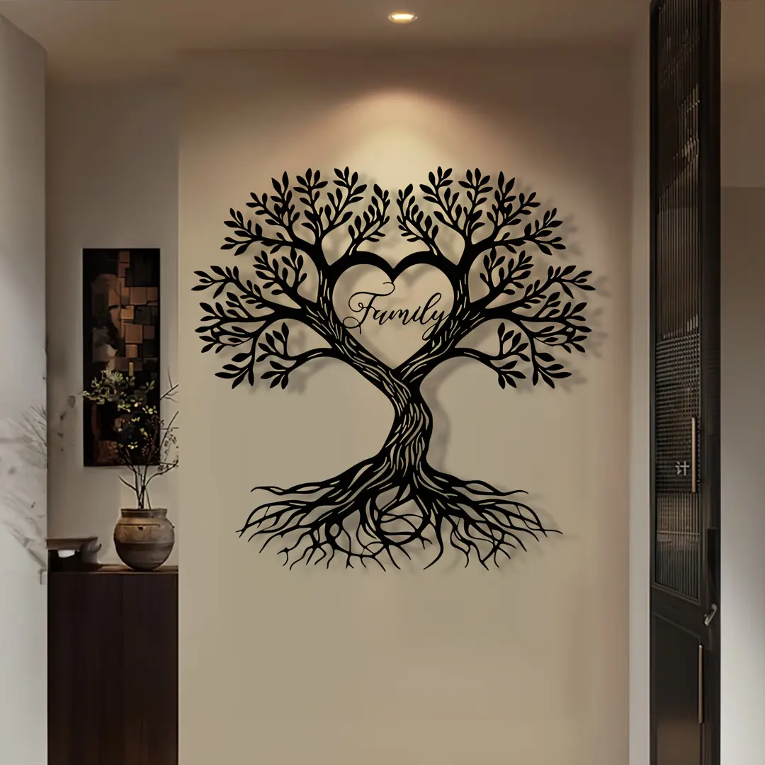 Life Tree Metal Wall Decor Heart Shape, Family Love Theme, Durable Iron Construction, Modern Simple Home Decoration for Living Room Bedroom Office