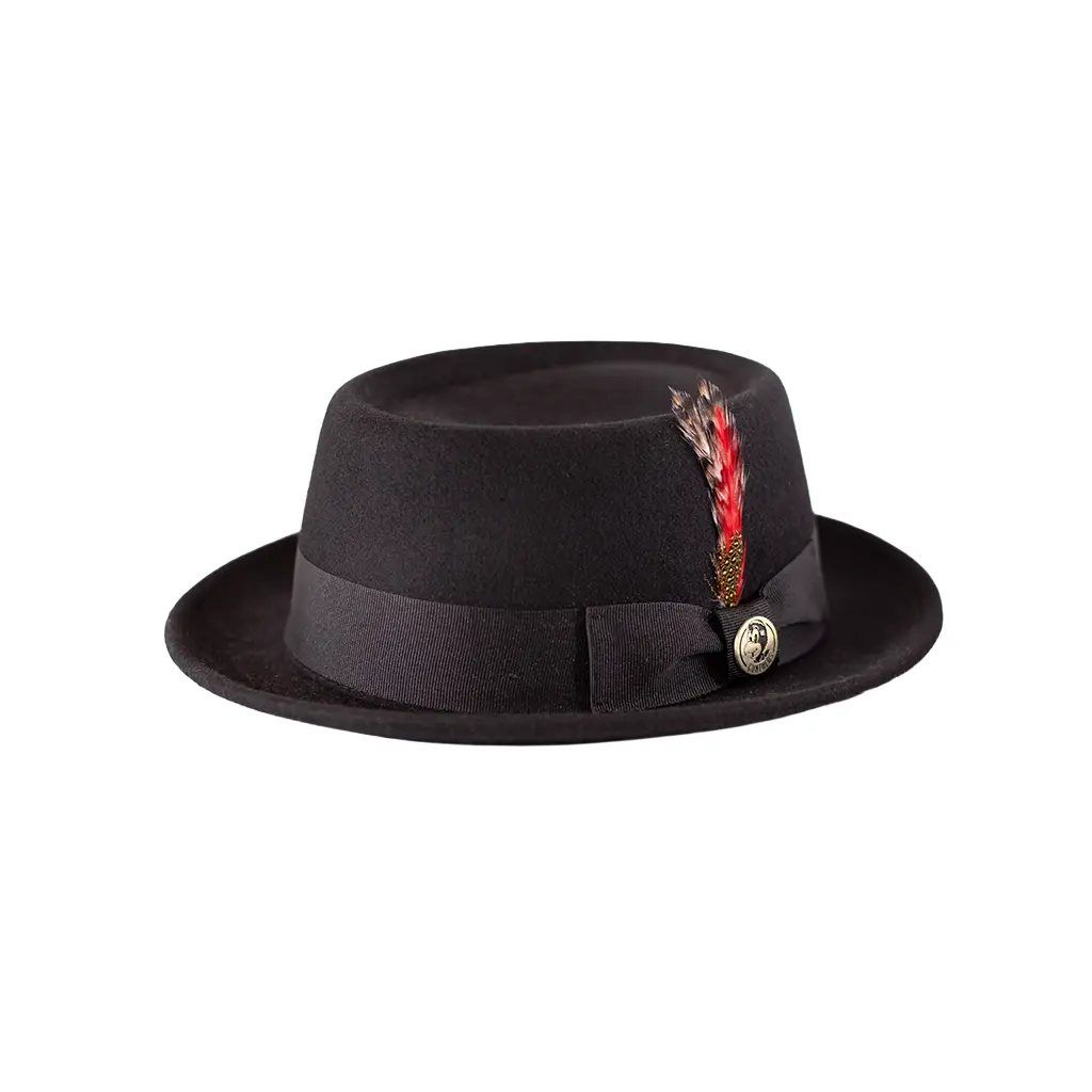 Gunthers Co Classic Unisex Pork Pie Hat in Black with Feather Accent, Universal Fit Available in Sizes S, M, L, XL, Gunthers Branded, Unisex Size, Adorned With Feather