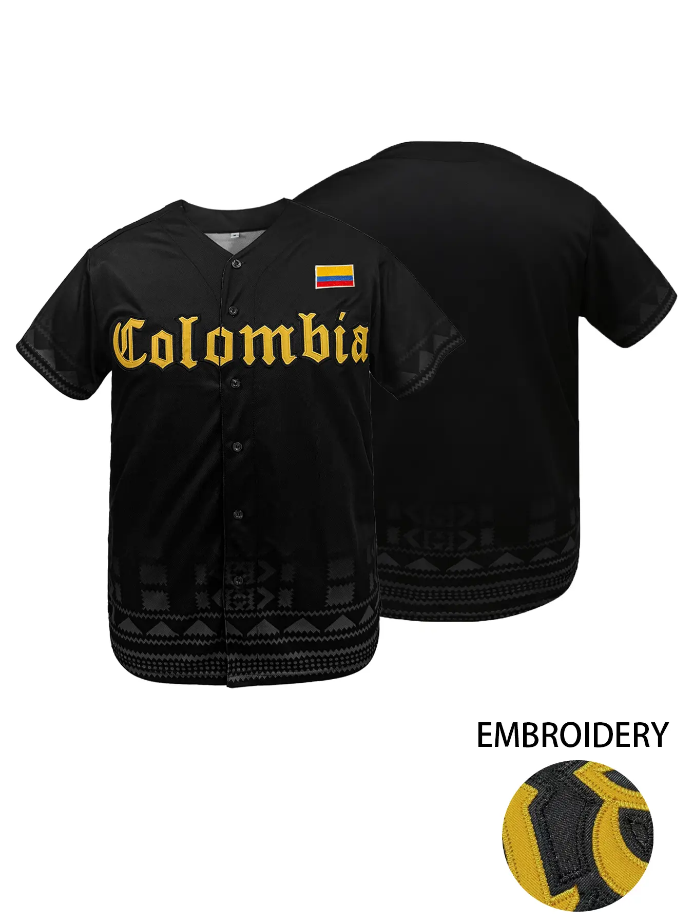 Colombia Embroidered Baseball Jersey, Unisex Button-Down Uniform with Ethnic Print Sleeves, Breathable Casual Streetwear Fan Shirt for Men Women, Casual Sports Jersey, Sports Style Jersey, Breathable Sports Tops