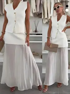 Women's Solid Color Vest Sleeveless Top & Skirt Two-piece Set, Minimalist Elegant Basic Fashion Casual Lounge Chic Sets for Daily Outdoor Wear, Ladies Clothes All Seasons, On The Go, Seasonless, Ensemble