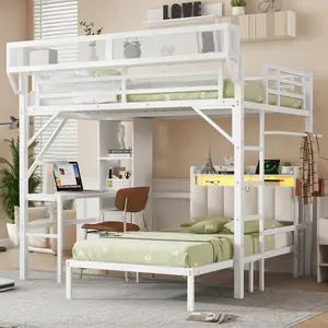 Full over Twin Metal Bunk Bed with Desk, Bookshelves and Upper Bed Storage,Detachable Heavy-Duty Metal Bunk Bed with LED and Charge Station, Noise Free