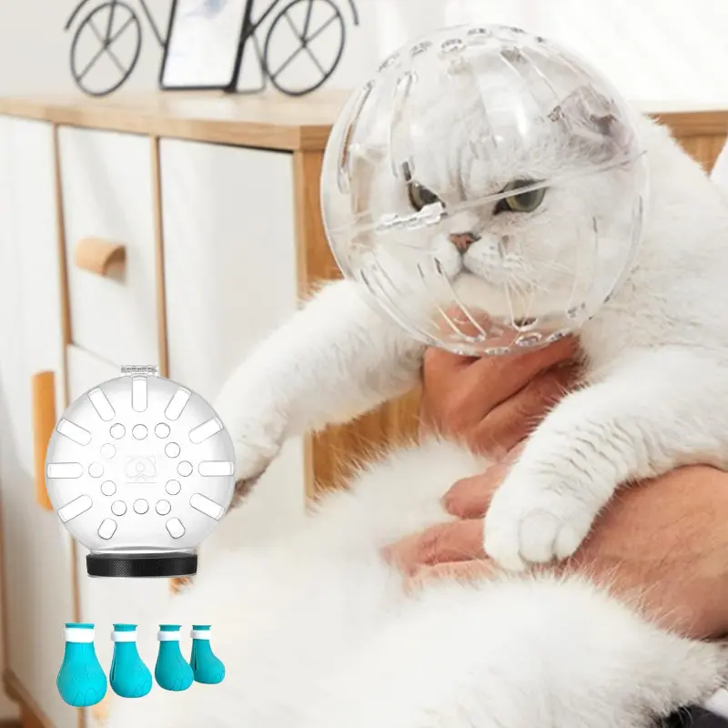 5Pcs High-Quality Cat Grooming Tools Kit - Comfortable-to-Breathe Muzzle, Anti-Slip Silicone Claw/Foot Covers, Transparent Bubble Bite Guard for Kitten Nail Clipping & Safe Grooming (Paw & Mouth Protection)