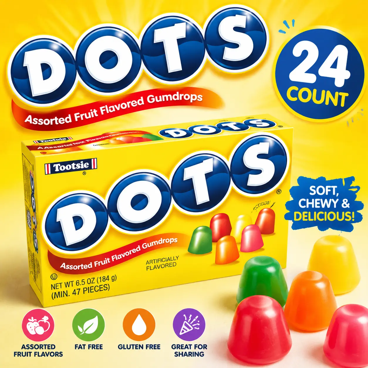 DOTS Original Fruit Gumdrops Candy 2.25 oz 24 Count  Classic Chewy Fruit Gumdrops | Theater Box Candy for Parties & Movie Nights