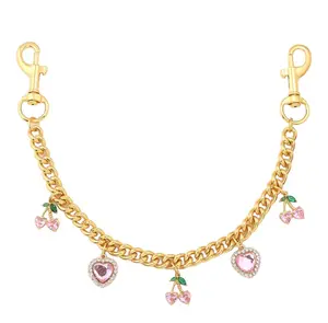 Cherry Heart Pink Rhinestone Bag Charm Set - Stylish Playful Charm, Luxe Trending Bling Bag Chain, Pink Keyring Accessory for Purses & Backpacks