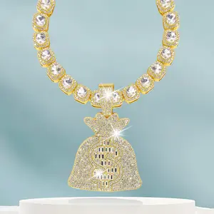 Money Bag Pendant with Diamond Tennis Necklace Hip Hop Rappe Cubic Zircon Baguette Chain Square Tennis Chain with Novel $ Money Bag Pendant Ideal Jewelry for Daily Wear Gift for Men Women Boys, Girls