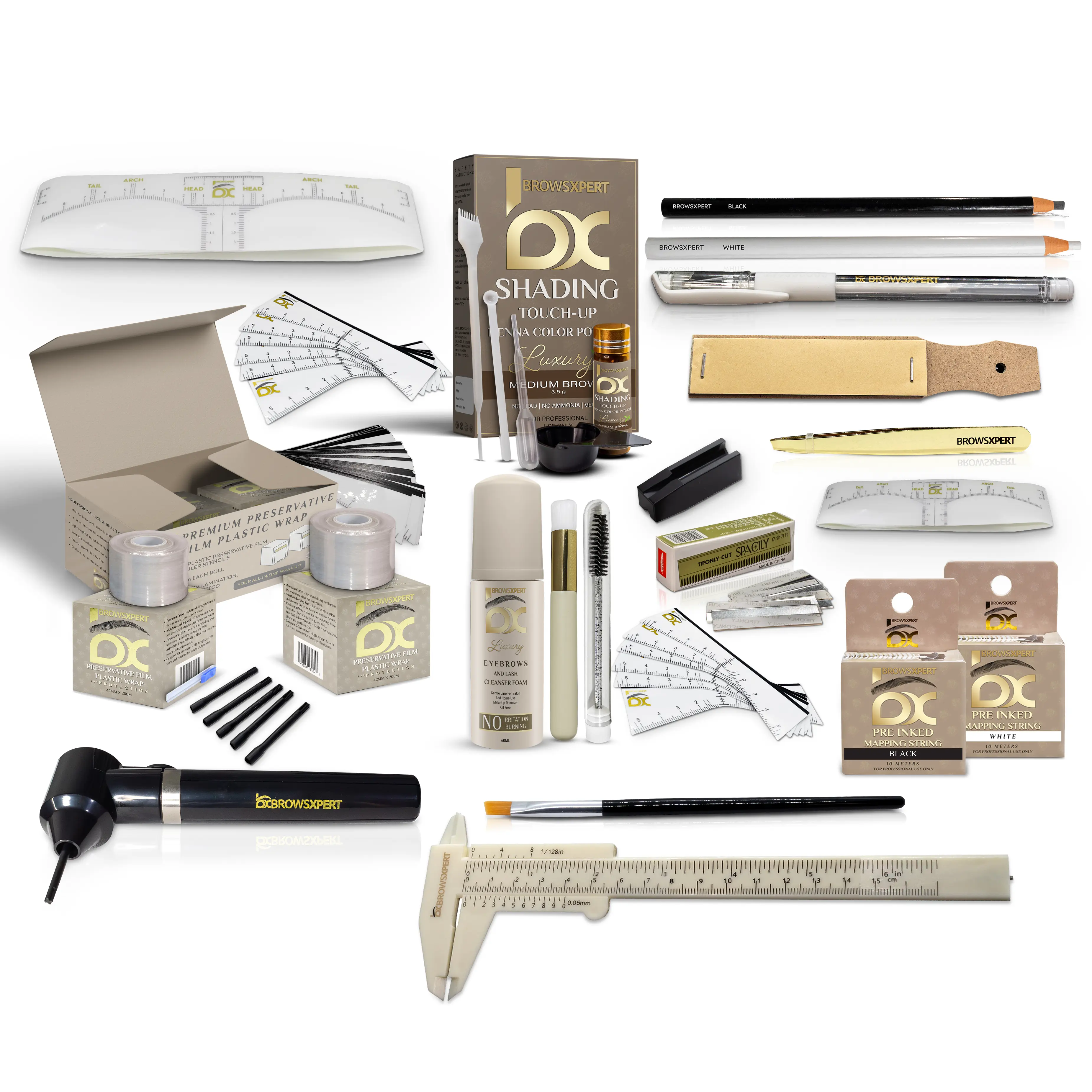 BROWSXPERT STARTER KIT (Cleanser Foam, Electric Mixer, Master Brow Mapping Kit, Plastic Film Wrap & Shading Henna Powder Touch-Up Kit)