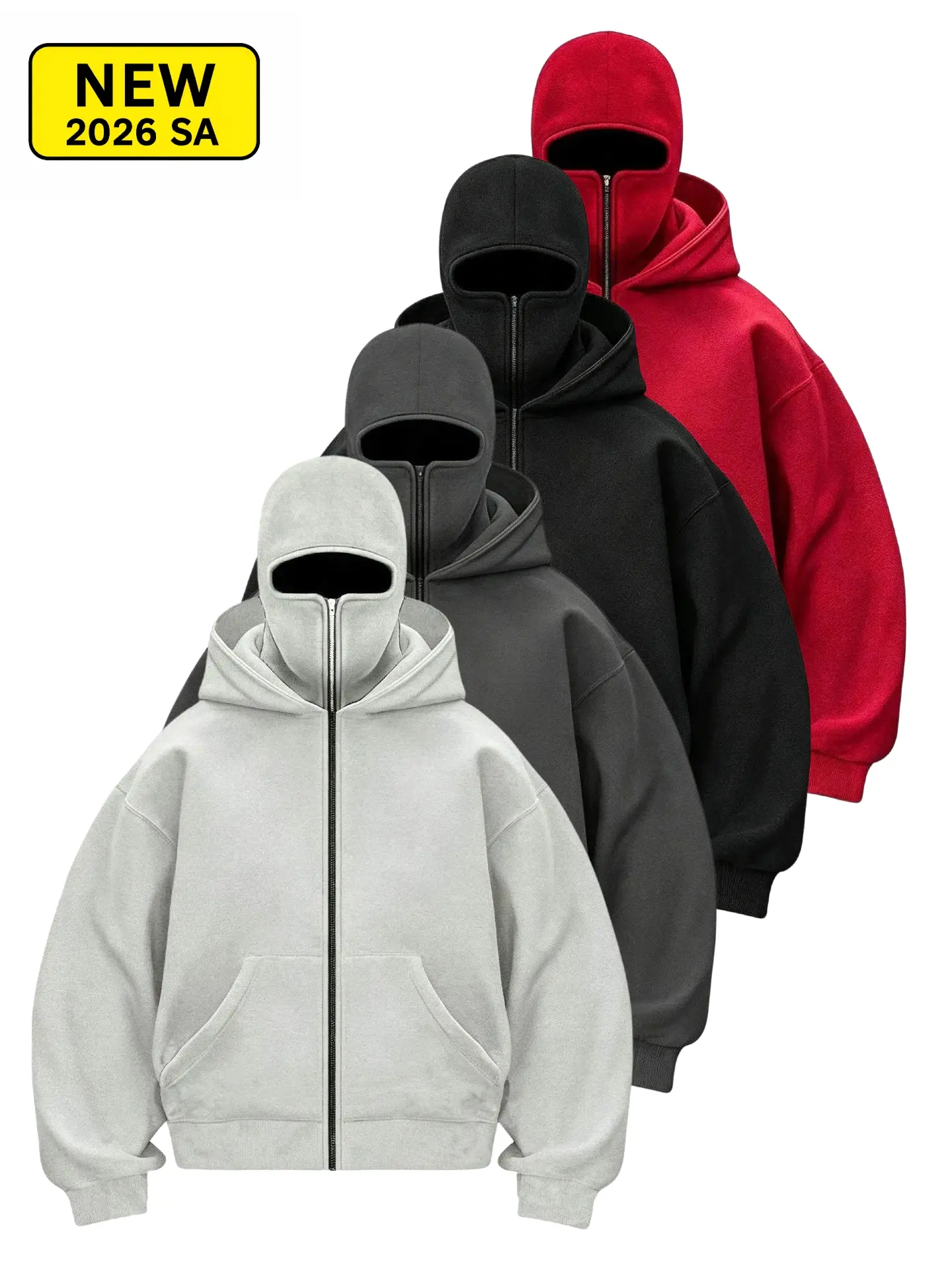 Men’s Balaclava Double Hoodie Zip Up Sweatshirt, Oversized Full Zip Mask Hoodie, Techwear Streetwear Jacket for Fall Winter Outdoor Casual Wear