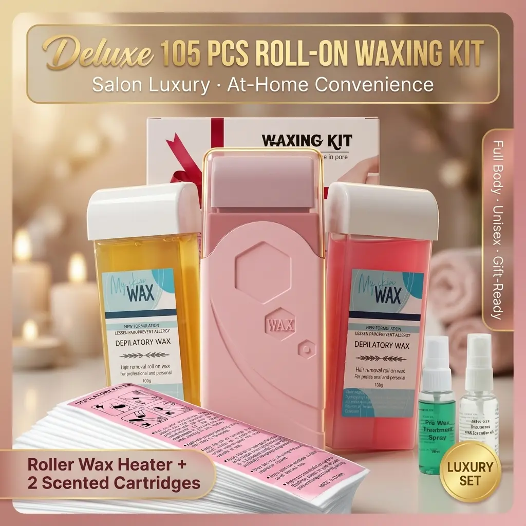TAZTIR 105 Items Luxury Roll on Wax Kit (2 X Wax Rollers, 1 X Roll on Wax Warmer, 100 X Strips, 1 X Lavender Oil, 1 X Spray), Pro-Grade Home Wax Machine And Wax Beads for Face/Brazilian/Full Body/Bikini/Sensitive