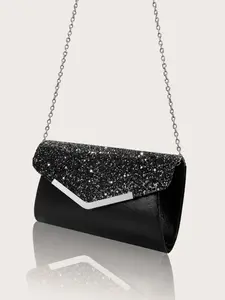 Women's Elegant Glitter Evening Bag, Exquisite Trendy Metal Strap Flap Bag, Fashionable Crossbody Bag with Detachable Metal Chain for Party Decoration, Elegant Stylish Purse
