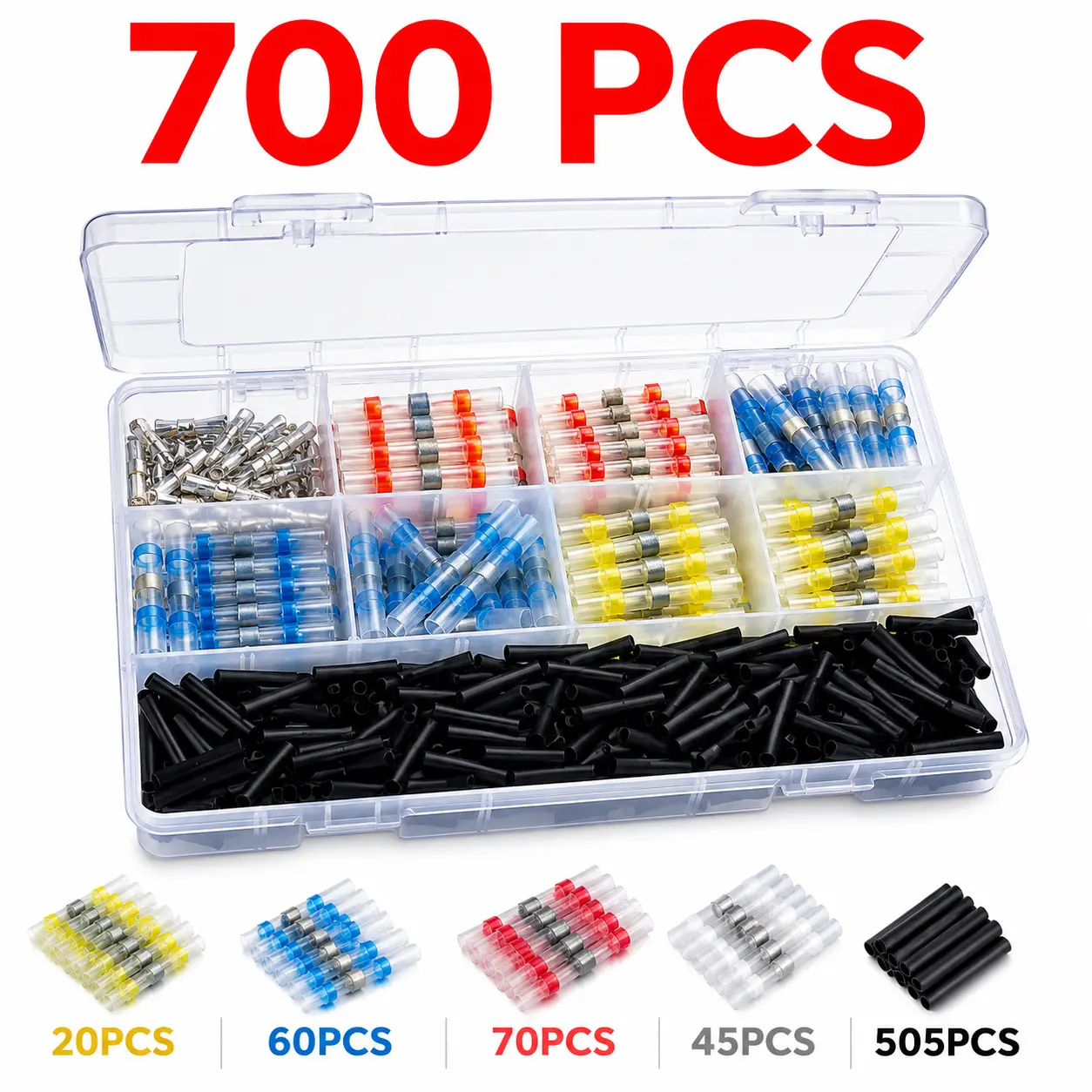 700pcs Wire Connector Kit with Box, Heat Shrink Solder Connectors and Terminals, Heat Shrink Tubes, Electric Wire Repair Kit, Durable Reliable Connectors, Wiring Connectors Kit