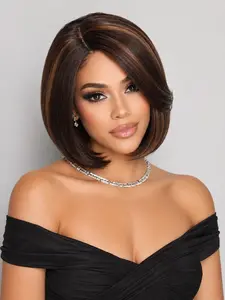 Short Side Part Bob Wigs, Straight Highlight Hair Wig, Bowl Cut Cosplay Wig, Heat Resistant, Natural Looking, Synthetic Full Wigs for Women