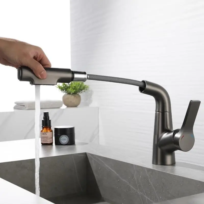 Bathroom All-Copper Pull-Out Faucet, Hot and Cold Sink Faucet, Ideal for Home Hotel Salon and Dormitory