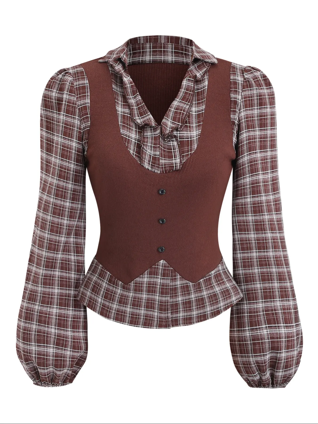 Women's Vintage Style Two-Piece Gingham Plaid Patchwork Long Sleeve Slim Fashion Blouse Shirt Top, Casual Elegant Design, Perfect for Daily Wear