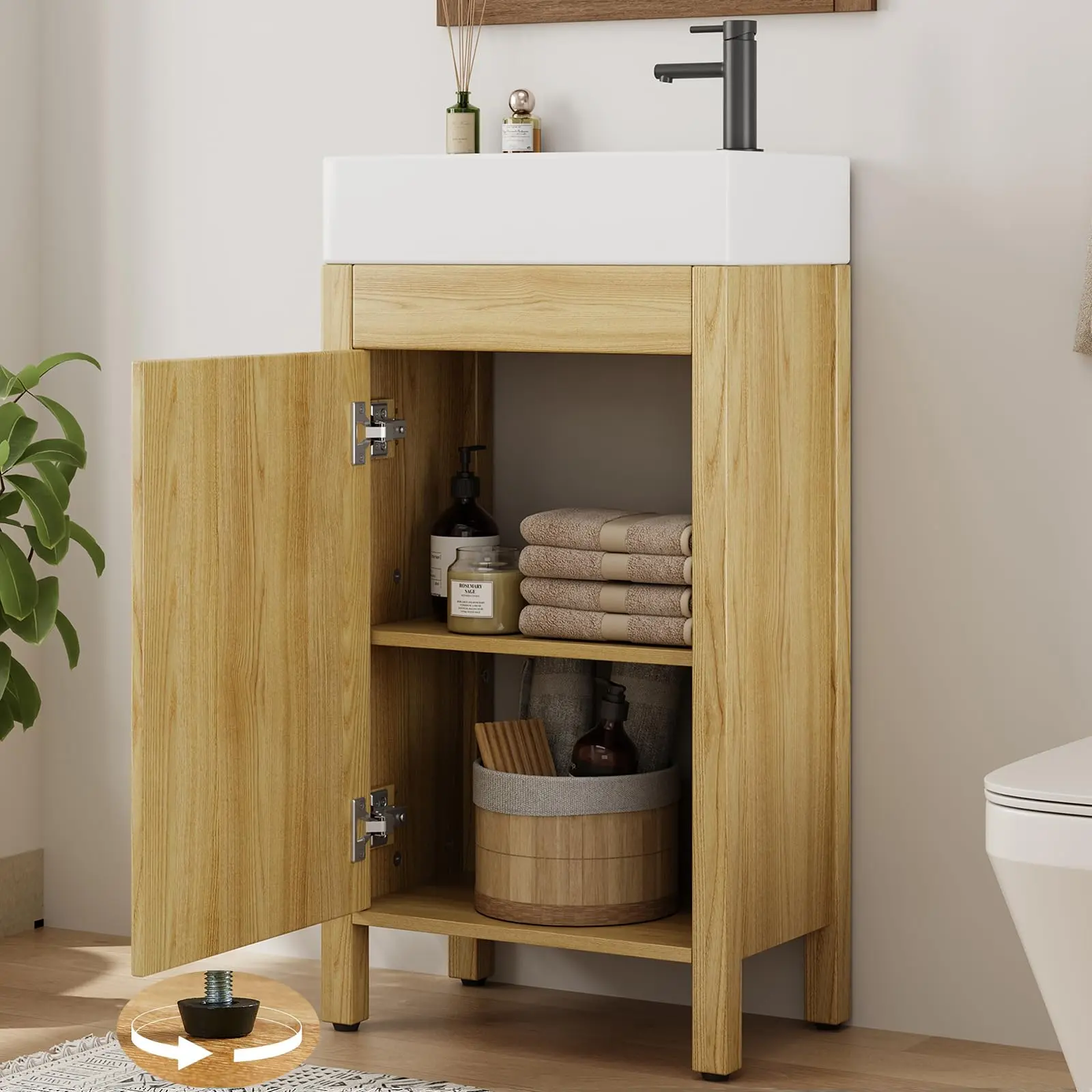 Garvee 16" Bathroom Vanity with Sink, Vintage Bathroom Cabinet Vanity with Doors, Farmhouse Wooden Freestanding Bathroom Cabinet with Top